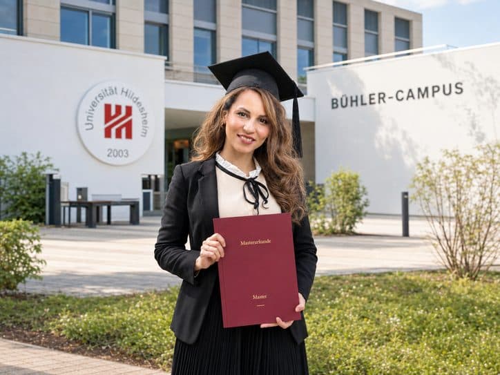 مهلا بقبعة التخرج وشهادتها أمام جامعة هيلدسهايم